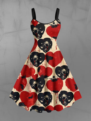 Gothic Plus Size Skull Heart Print Valentines A Line Dress