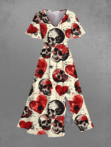 Gothic Plus Size Skull Heart Print Valentines Split Pocket A Line Midi Dress