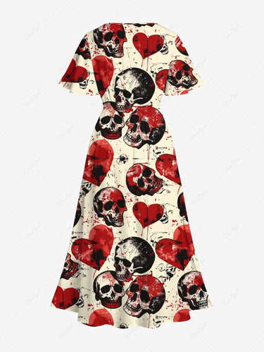 Gothic Plus Size Skull Heart Print Valentines Split Pocket A Line Midi Dress