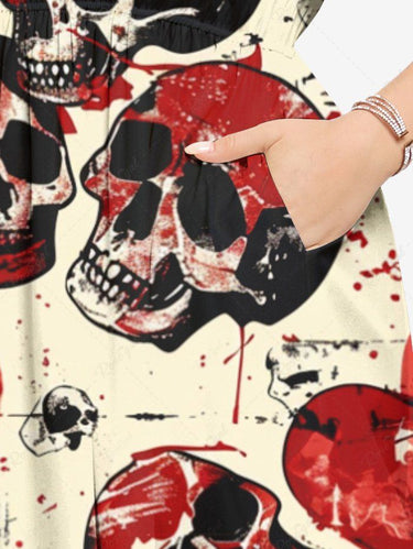 Gothic Plus Size Skull Heart Print Valentines Split Pocket A Line Midi Dress