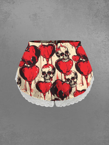 Gothic Plus Size Skull Heart Print Lace Trim Pajama Shorts