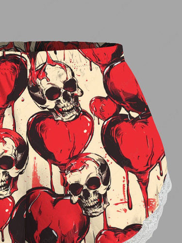 Gothic Plus Size Skull Heart Print Lace Trim Pajama Shorts