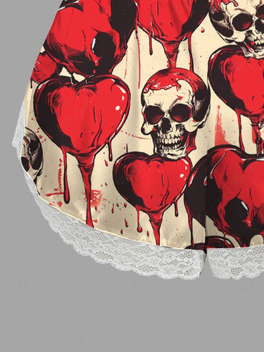 Gothic Plus Size Skull Heart Print Lace Trim Pajama Shorts