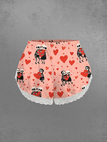 Gothic Plus Size Skeleton Lovers Heart Print Valentines Lace Trim Pajama Shorts