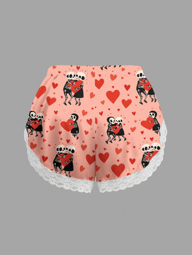Gothic Plus Size Skeleton Lovers Heart Print Valentines Lace Trim Pajama Shorts