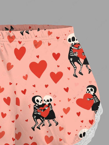 Gothic Plus Size Skeleton Lovers Heart Print Valentines Lace Trim Pajama Shorts