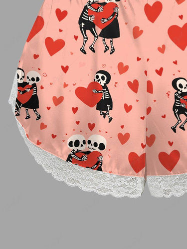 Gothic Plus Size Skeleton Lovers Heart Print Valentines Lace Trim Pajama Shorts