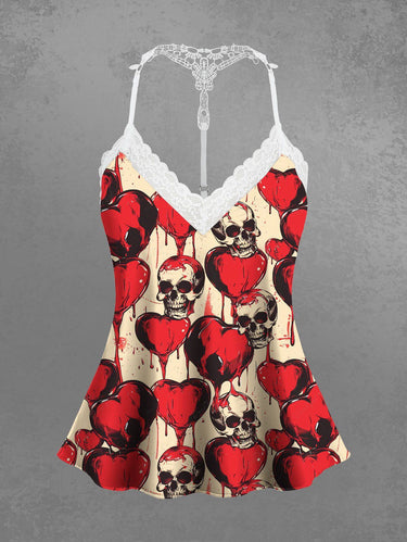 Gothic Plus Size Skull Heart Print Lace Trim Crochet Pajama Top
