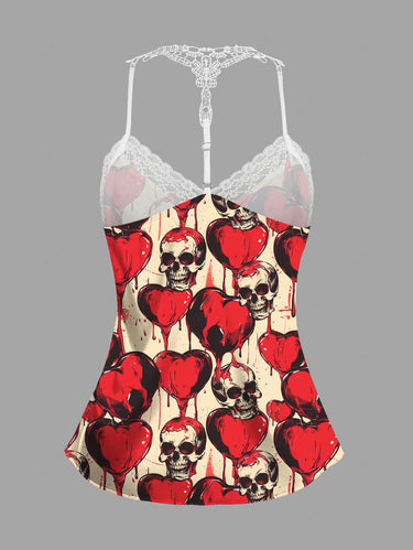 Gothic Plus Size Skull Heart Print Lace Trim Crochet Pajama Top