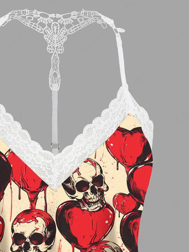 Gothic Plus Size Skull Heart Print Lace Trim Crochet Pajama Top