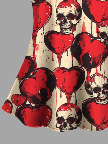 Gothic Plus Size Skull Heart Print Lace Trim Crochet Pajama Top