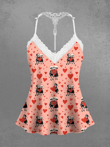 Gothic Plus Size Skeleton Lovers Heart Print Valentines Lace Trim Crochet Pajama Top