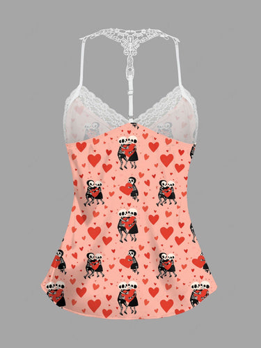 Gothic Plus Size Skeleton Lovers Heart Print Valentines Lace Trim Crochet Pajama Top