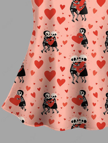Gothic Plus Size Skeleton Lovers Heart Print Valentines Lace Trim Crochet Pajama Top