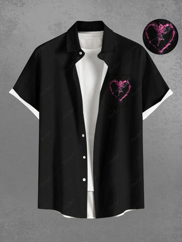 Gothic Plus Size Angel Heart Print Valentines Button Pocket Shirt For Men