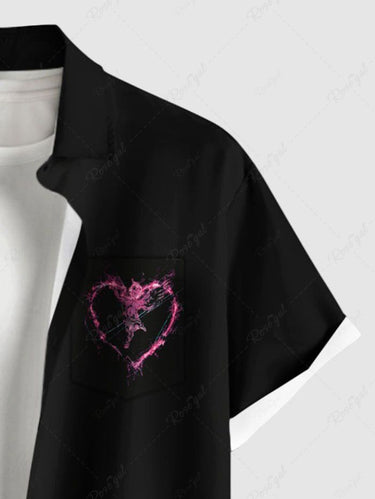 Gothic Plus Size Angel Heart Print Valentines Button Pocket Shirt For Men
