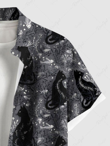 Gothic Plus Size Cat Branch Print Button Pocket Shirt For Men