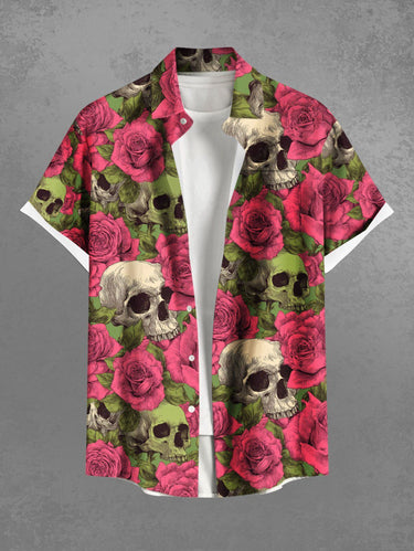 Gothic Plus Size Skull Rose Flower Print Button Pocket Shirt For Men