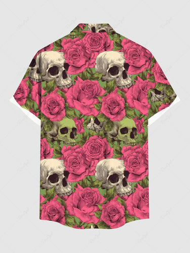 Gothic Plus Size Skull Rose Flower Print Button Pocket Shirt For Men