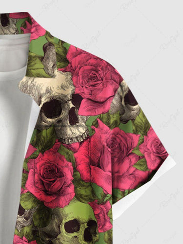 Gothic Plus Size Skull Rose Flower Print Button Pocket Shirt For Men