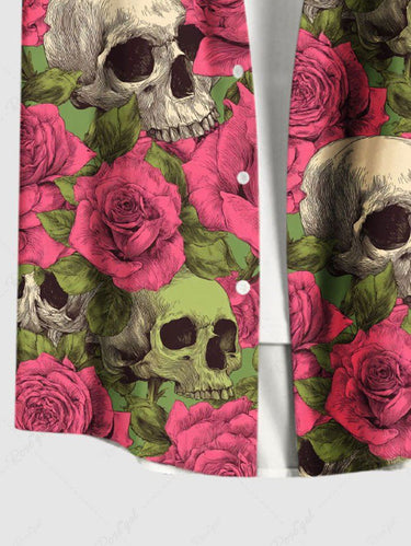Gothic Plus Size Skull Rose Flower Print Button Pocket Shirt For Men