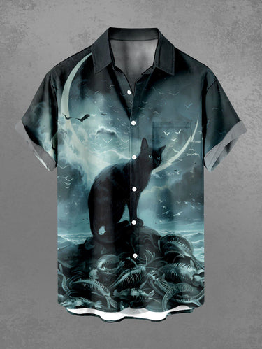 Gothic Plus Size Cat Moon Octopus Sea Waves Print Ombre Button Pocket Shirt For Men