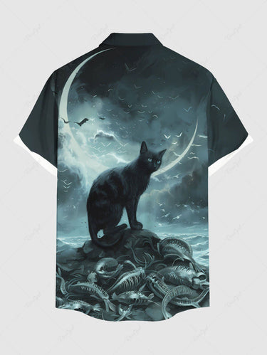 Gothic Plus Size Cat Moon Octopus Sea Waves Print Ombre Button Pocket Shirt For Men