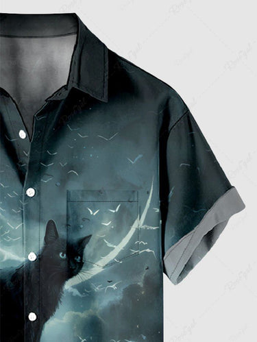 Gothic Plus Size Cat Moon Octopus Sea Waves Print Ombre Button Pocket Shirt For Men