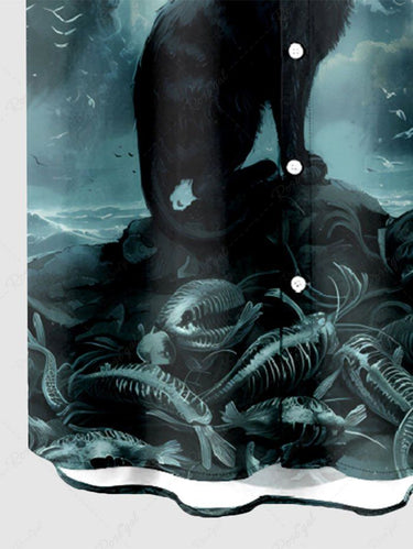 Gothic Plus Size Cat Moon Octopus Sea Waves Print Ombre Button Pocket Shirt For Men