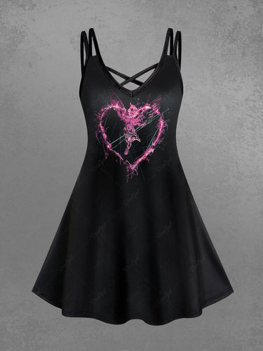 Gothic Plus Size Angel Heart Print Valentines Crisscross Strappy A Line Cami Dress