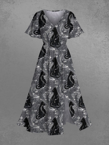 Gothic Plus Size Cat Branch Print Split Pocket A Line Midi Dress