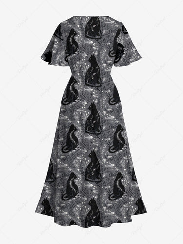 Gothic Plus Size Cat Branch Print Split Pocket A Line Midi Dress