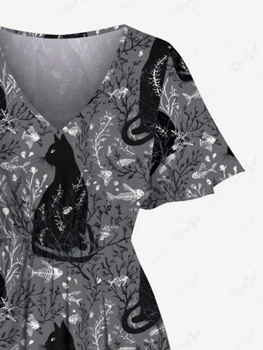 Gothic Plus Size Cat Branch Print Split Pocket A Line Midi Dress