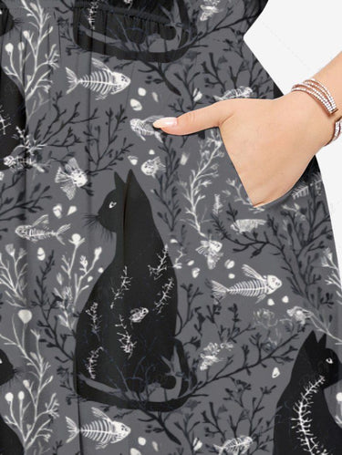 Gothic Plus Size Cat Branch Print Split Pocket A Line Midi Dress