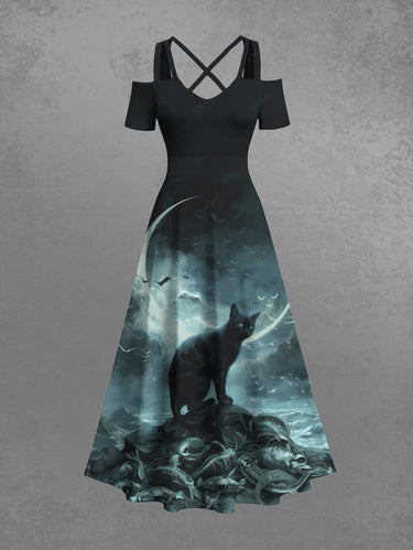 Gothic Plus Size Cat Moon Octopus Sea Waves Print Ombre Cold Shoulder Crisscross A Line Maxi Dress