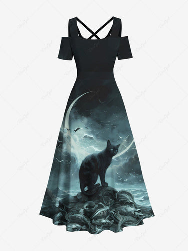 Gothic Plus Size Cat Moon Octopus Sea Waves Print Ombre Cold Shoulder Crisscross A Line Maxi Dress