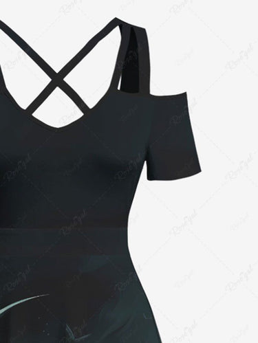 Gothic Plus Size Cat Moon Octopus Sea Waves Print Ombre Cold Shoulder Crisscross A Line Maxi Dress