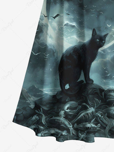 Gothic Plus Size Cat Moon Octopus Sea Waves Print Ombre Cold Shoulder Crisscross A Line Maxi Dress