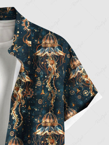 Gothic Plus Size Cyberpunk Jellyfish Print Button Pocket Shirt For Men