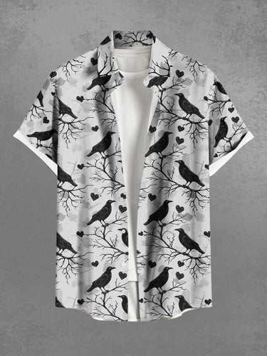 Gothic Plus Size Branch Bird Heart Print Button Pocket Shirt For Men