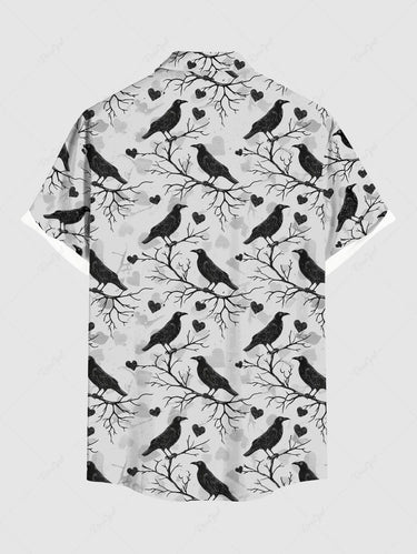 Gothic Plus Size Branch Bird Heart Print Button Pocket Shirt For Men