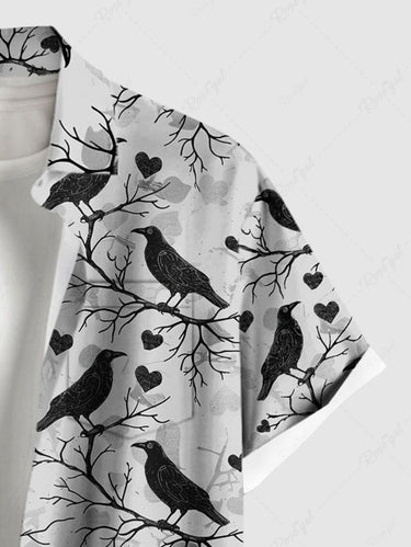 Gothic Plus Size Branch Bird Heart Print Button Pocket Shirt For Men