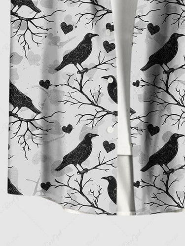 Gothic Plus Size Branch Bird Heart Print Button Pocket Shirt For Men