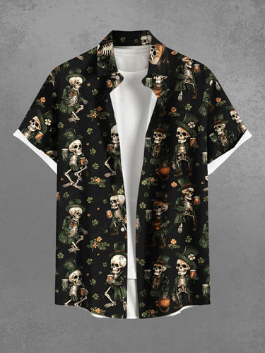 Gothic Plus Size Skeleton Beer Leaf Print Button Pocket Shirt For Men