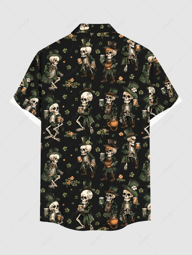 Gothic Plus Size Skeleton Beer Leaf Print Button Pocket Shirt For Men