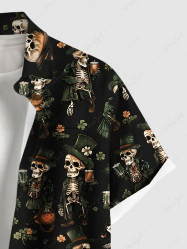 Gothic Plus Size Skeleton Beer Leaf Print Button Pocket Shirt For Men
