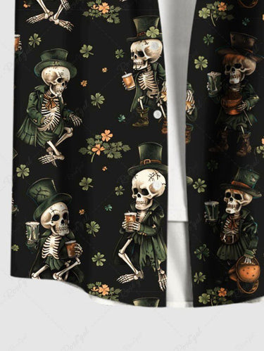 Gothic Plus Size Skeleton Beer Leaf Print Button Pocket Shirt For Men