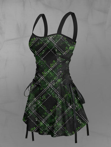 Gothic Geometric Plaid Print Lace Up A Line Dress