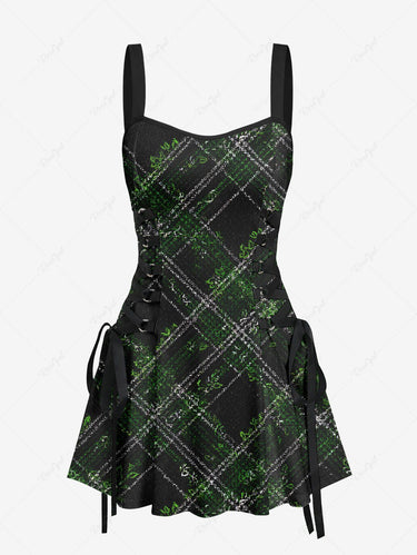 Gothic Geometric Plaid Print Lace Up A Line Dress