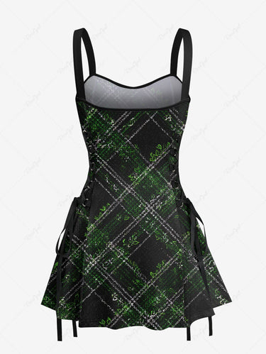Gothic Geometric Plaid Print Lace Up A Line Dress